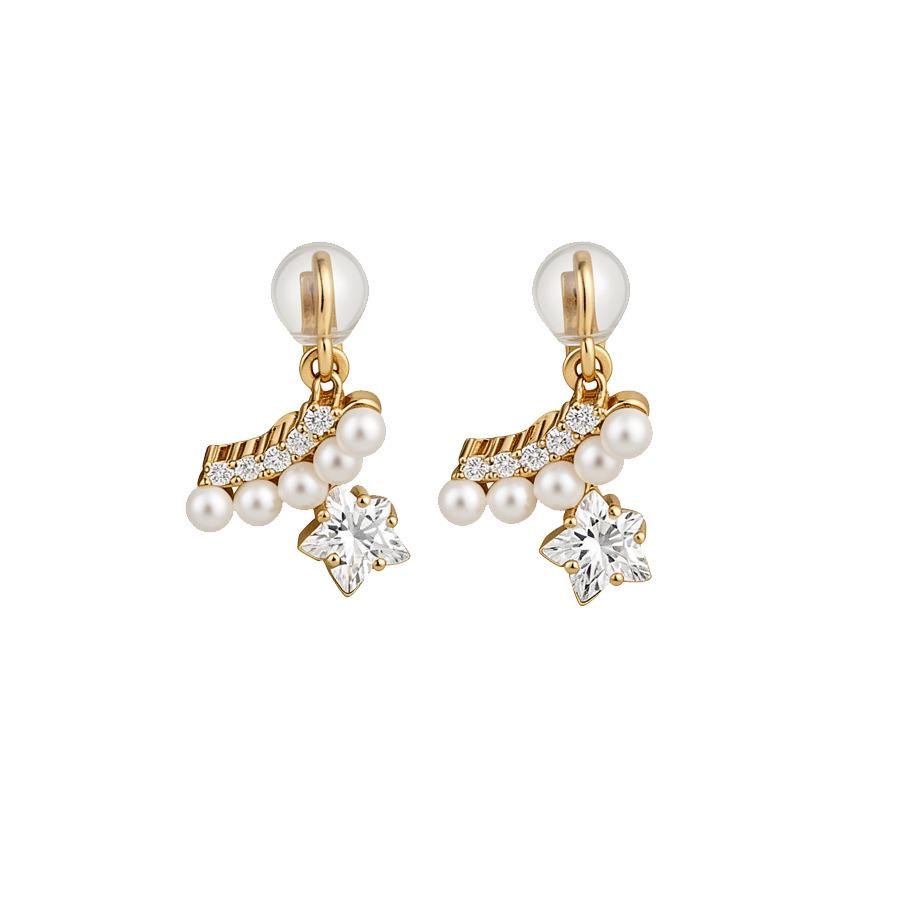 Gold-Plated Zircon Star Ear Clip, No Piercing Needed - High-End Luxury with Pearls