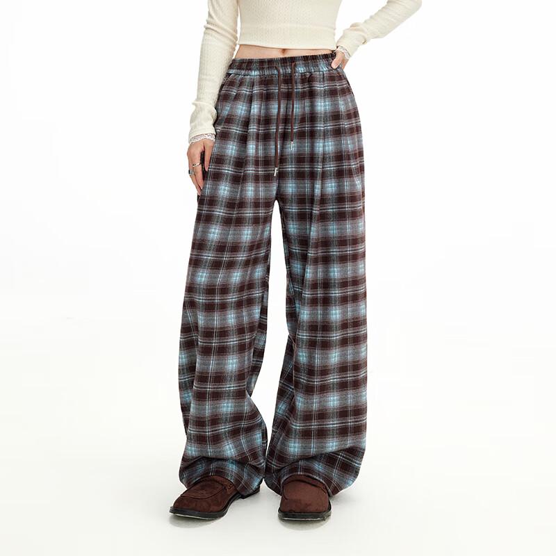 UNIFREE Women's Plaid High-Waist Wide-Leg Casual Pants