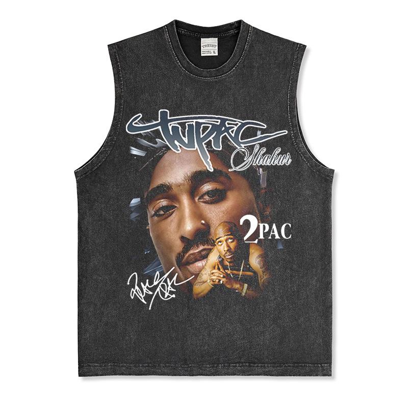 Canotta Senza Maniche Tupac Grafica Retro High Street Cotone Pesante