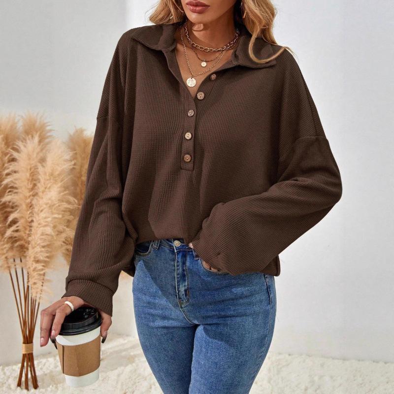 Autumn Winter Turn Down Collar Casual Fashion Sweatshirt Women Solid Color All-match Buttons Pullover Top