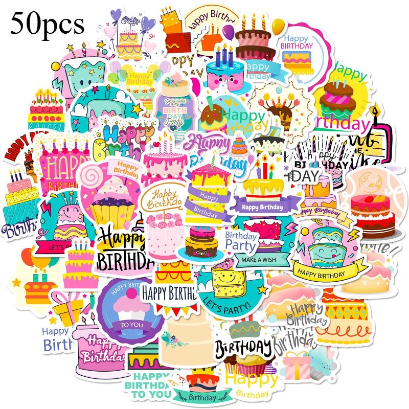 50pcs Birthday Stickers Colorful Assorted Cake Cupcake Party Hats Decorations Stickers DIY Laptop Water Bottle Fridge Decoration