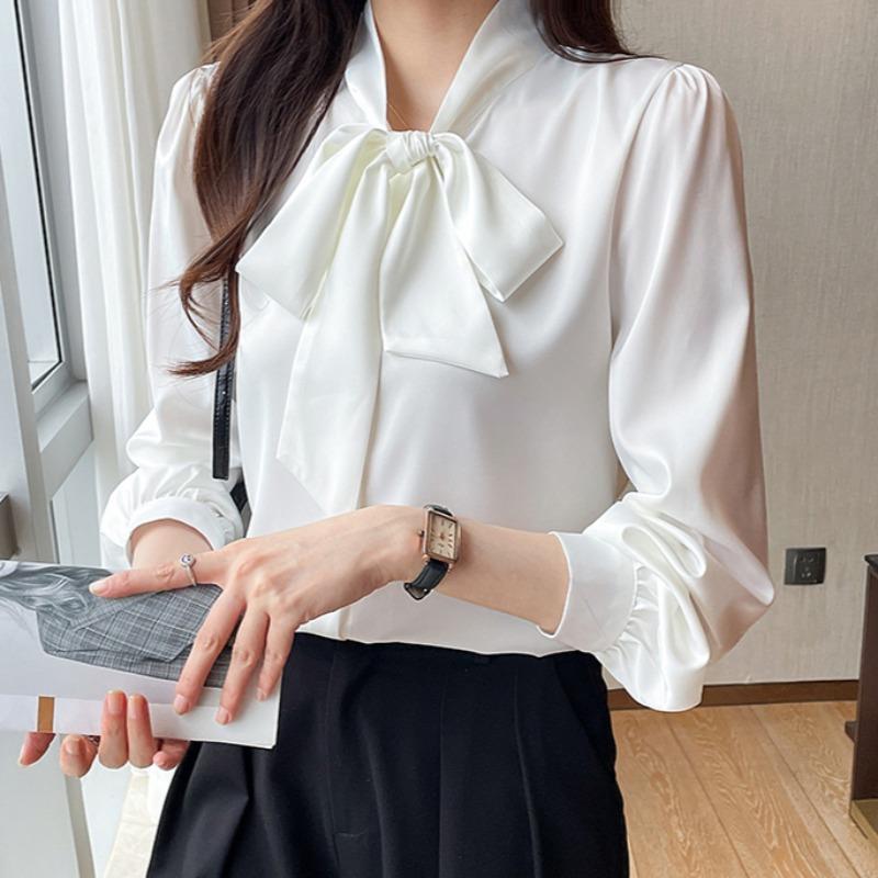 Spring and Summer New Ladies Long Sleeve Chiffon Ribbon Gentle Shirt