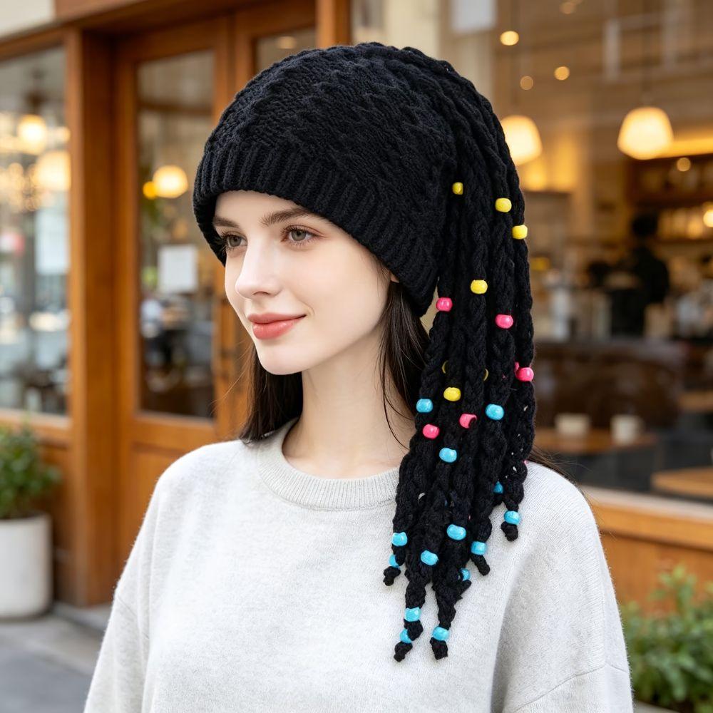 Knitted Dreadlock Hat Color Bead Decor Braided Wig Hat Colorful Dreadlock Beanie Fashion Shooting