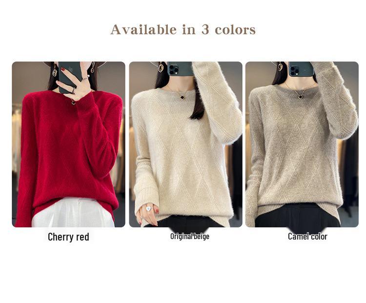Women's Cashmere Diamond Pattern Wool Pullover - Round Neck, Loose Knit Sweater, Autumn/Winter Style.