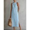 Women's Summer Dress Halter Sleeveless Vacation Loose Fit Casual Women's White Midi Dress With Lace Stitching Slit Pockets Simple Beach Dresses