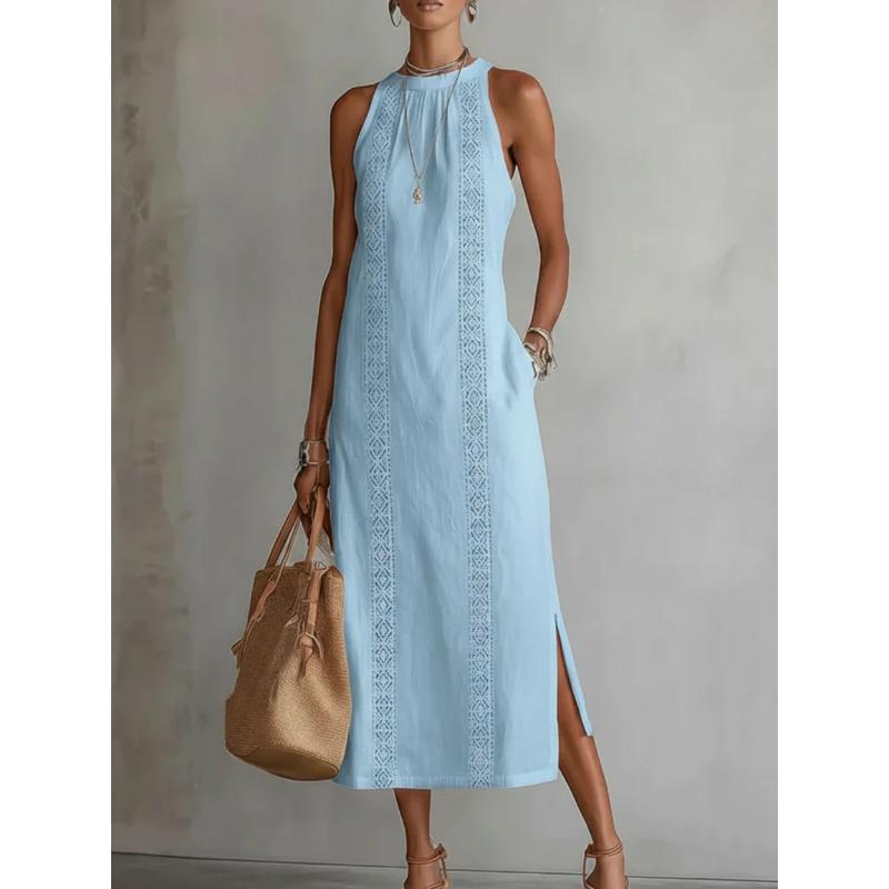 Women's Summer Dress Halter Sleeveless Vacation Loose Fit Casual Women's White Midi Dress With Lace Stitching Slit Pockets Simple Beach Dresses