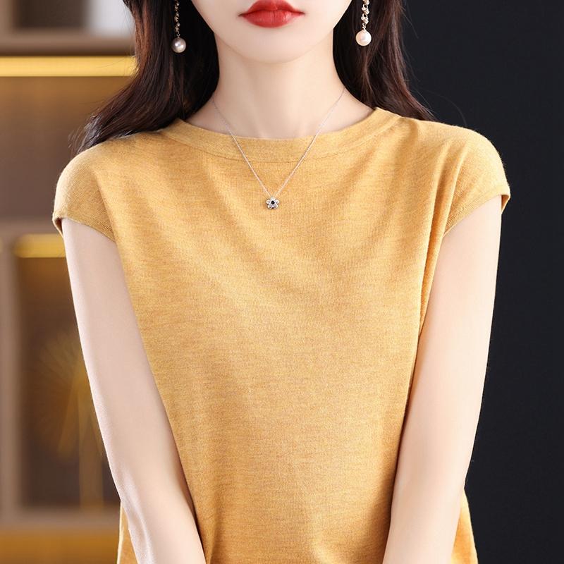 

Женская футболка из камвольной шерсти из тутового шелка, кашемир Цинхэ, 50% шерсть, 50% шелк, однотонная, летняя, дышащая, шелковистая, модная, простая XXL жёлтый