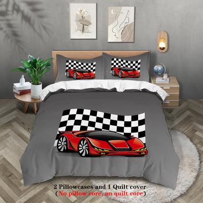 Funda de edredón de plumón de 3 piezas con estampado de dibujos animados de carreras (1 funda nórdica+2 fundas de almohada, sin relleno) Juego de cama
