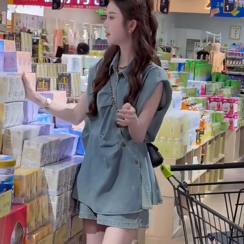 

Retro Fashion Two-Piece Set: Women s Short Sleeve Denim Shirt and Wide Leg Shorts S: Up to 50 kg
