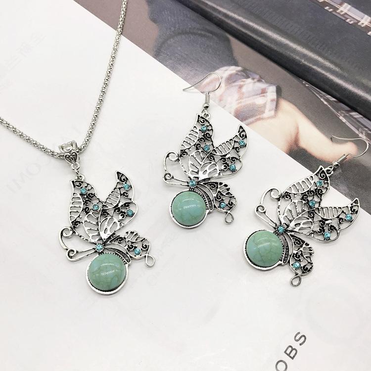 Vintage Necklace Earrings Set Bohemian Ancient Silver Turquoise Sweater Collarbone Chain Versatile Earrings