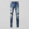 Trendy Blaue Distressed Ripped Skinny Jeans für Herren mit Farbdruck