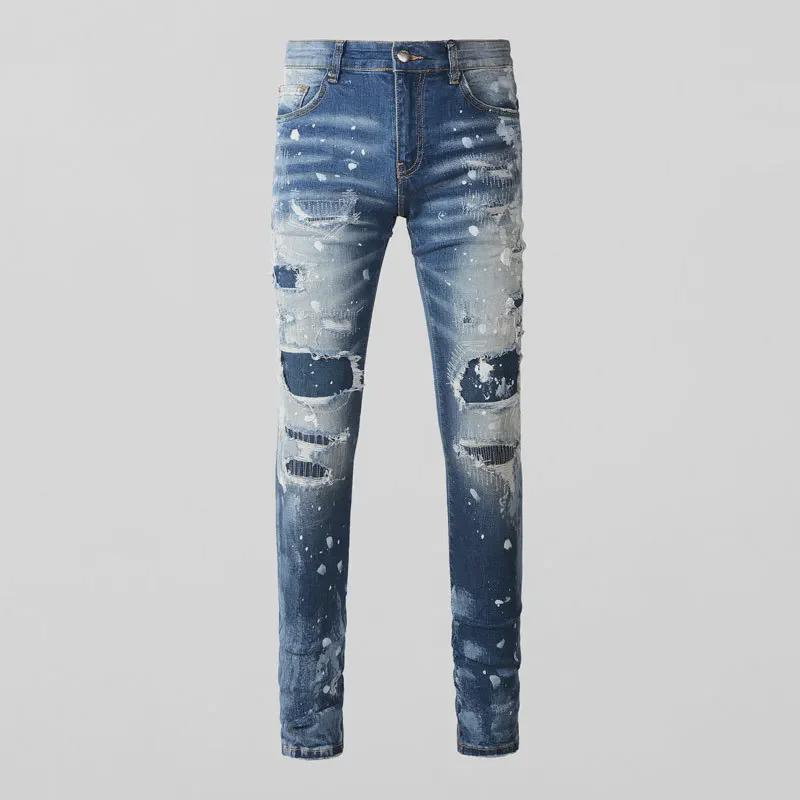 Trendy Blaue Distressed Ripped Skinny Jeans für Herren mit Farbdruck