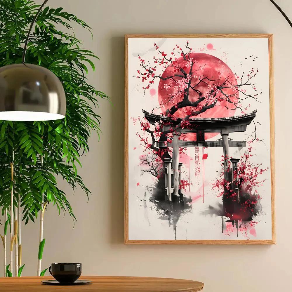 1pc RETRO Landscape Samurai Geisha Bonsai Torii Gate Sakura Poster HD Posters Home Room Bar Cafe Decor Art Wall Painting Picture