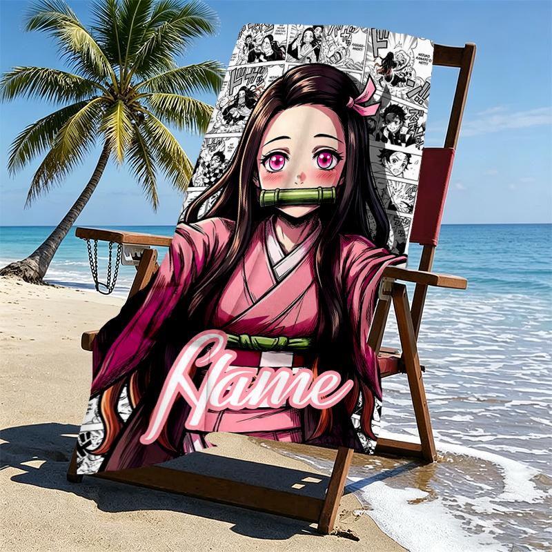 Custom Name Personalized Demon Slayer Print Beach Towel, for Trip Camping Beach Party Home Decor, Birthday Gift for Family & Friends