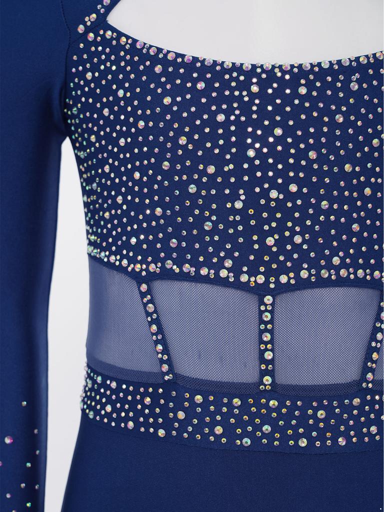 Leotardo de Gimnasia para Niñas Brillante con Pedrería, Manga Larga, Cremallera Trasera Invisible, Escote Delantero, Body de Escenario