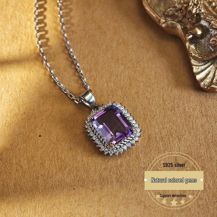 Natural Amethyst Pendant with 925 Silver Inlaid Square Design