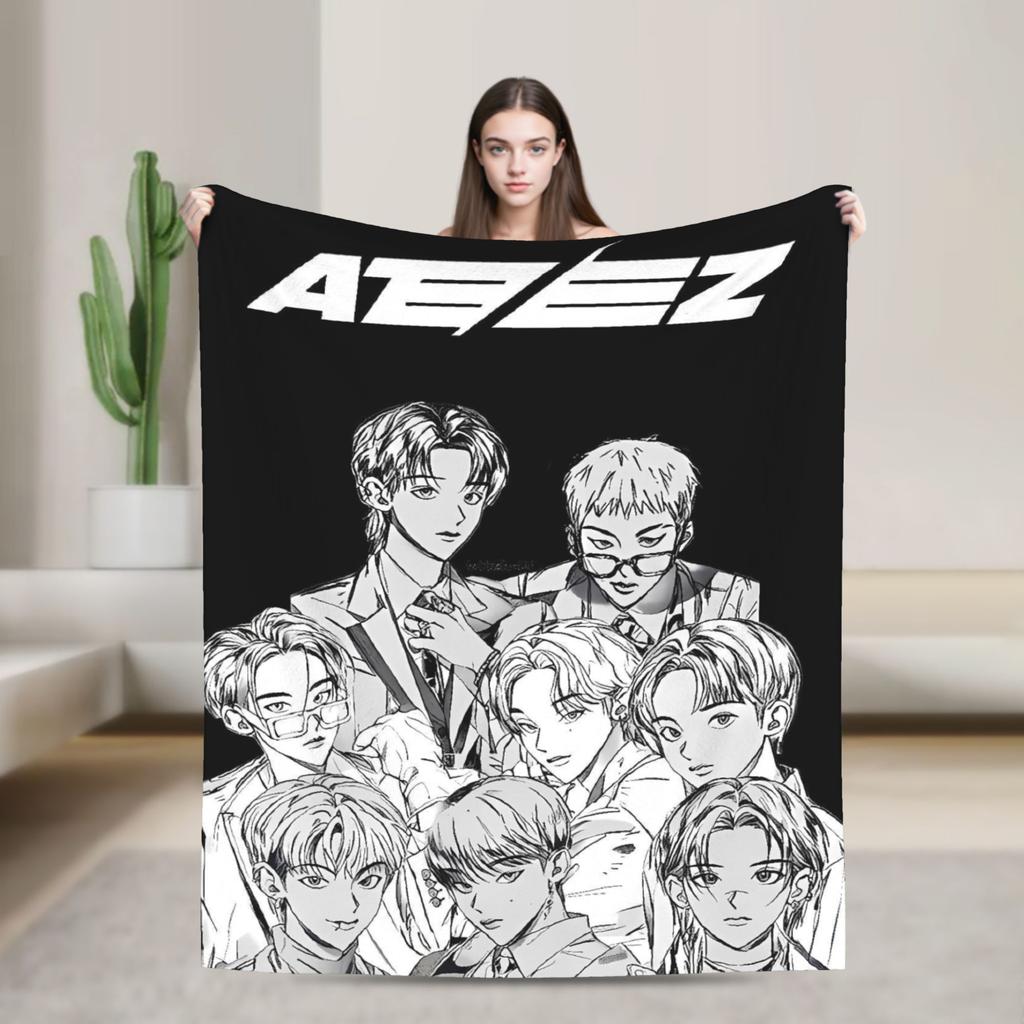 Kpop Ateez Band Soft Warm Blanket  Picnic Plush Throw Blanket Street Trend Outdoor Flannel Bedspread Sofa Bed Cover