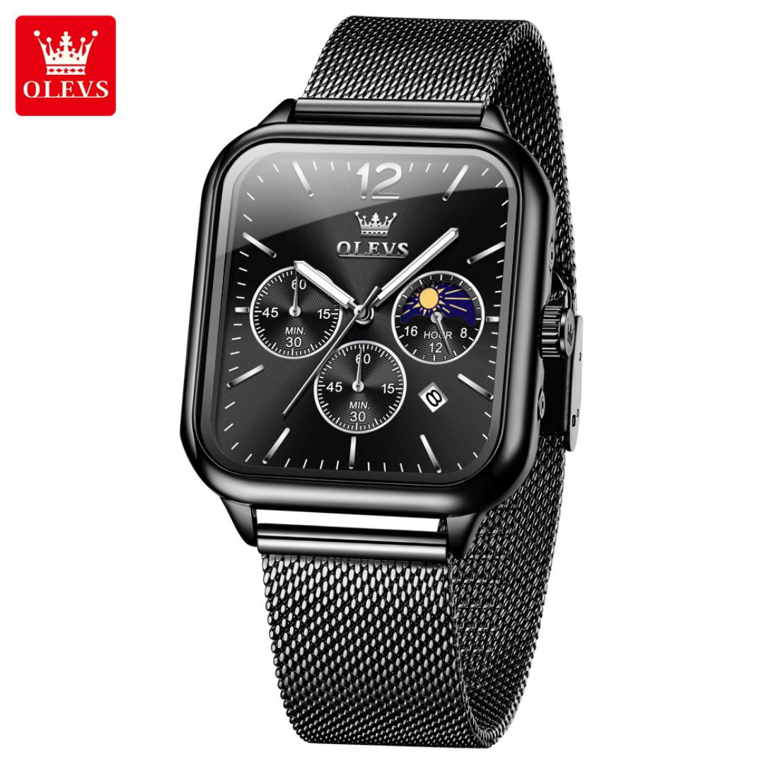 Мужские часы модные кварцевые наручные часы сетчатые стальные водонепроницаемые светящиеся часы с фазами Луны и хронографом квадратные часы steel band чёрный