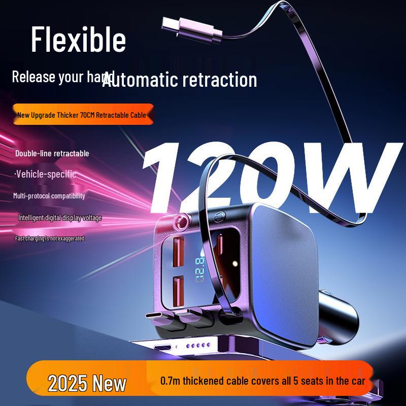 Starry Sky Roof Ambient Light Car Charger, 120W Super Fast Charging with Retractable Cable for Apple & Huawei Phones.