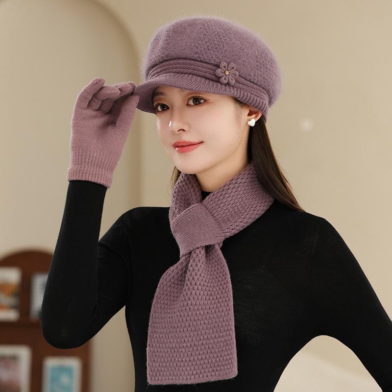 Hat Women's Autumn and Winter Knitted Hat Warm Beret Wool Hat Fashion Fleece Thickened Ear Hat Rabbit Fur Hat