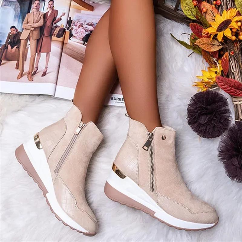 Fashion Shoes Women Sneakers Plus Size 43 Wedges Heels Ladies Ankle Boots Casual Shoes Non-slip Zipper Leather Female Footwear
