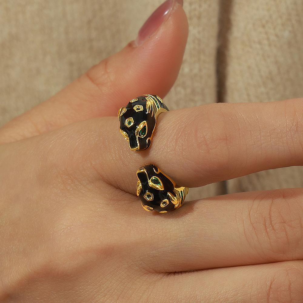 Niche Animal Dripping Cheetah Open Ring Design Black Gold Adjustable Couple Ring Tide