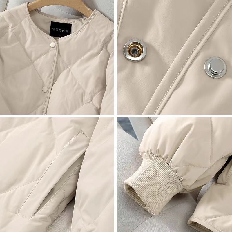 Women's Collarless Diamond Shaped Grid Down and Cotton Jacket Lightweight and Warm Short Winter Down and Cotton Jacket