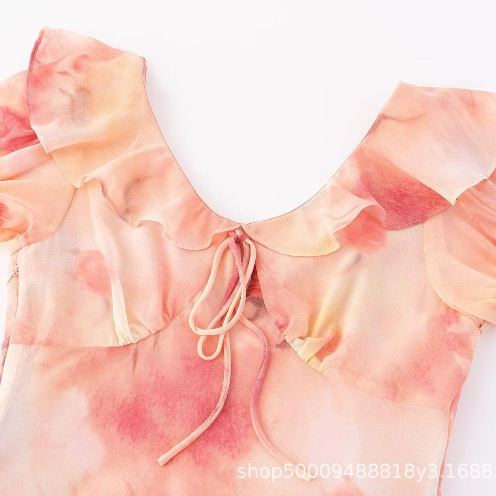 French Romantic Vacation Gentle Rose Print Short Sleeve Long Skirt Summer Bow Ruffle V-Neck Dress