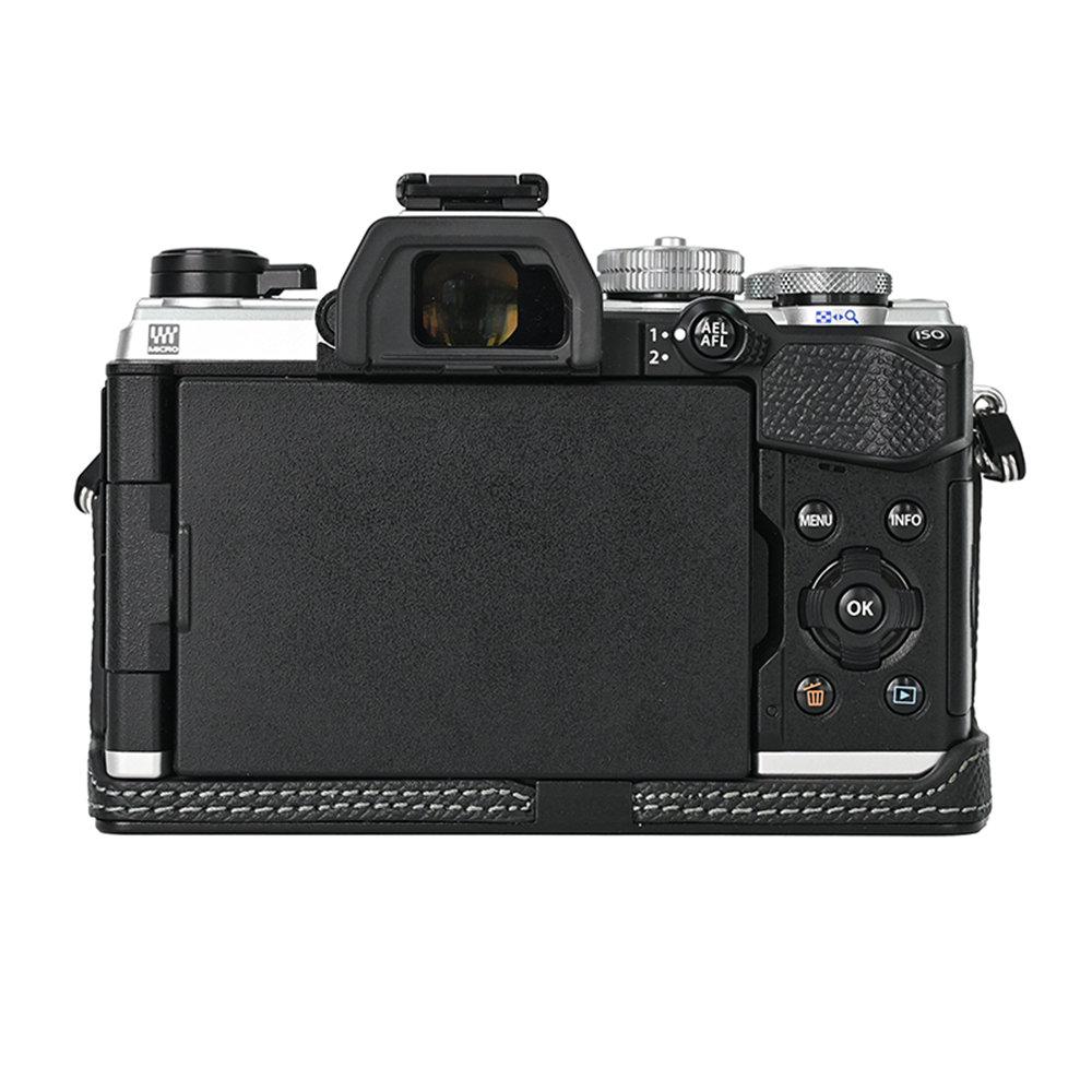 Hliníkový kovový pouzdro na polovinu těla fotoaparátu z pravé kůže pro Olympus OM-5 OM5 s otvorem pro baterii a spodním krytem