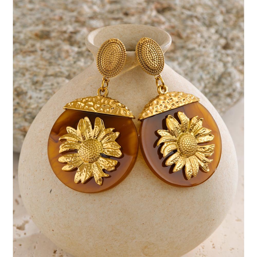 Eetit New Resin Acrylic Round Sun Flower Drop Dangle Earrings Golden Stainless Steel Autumn Winter Style Jewelry Waterproof Gift