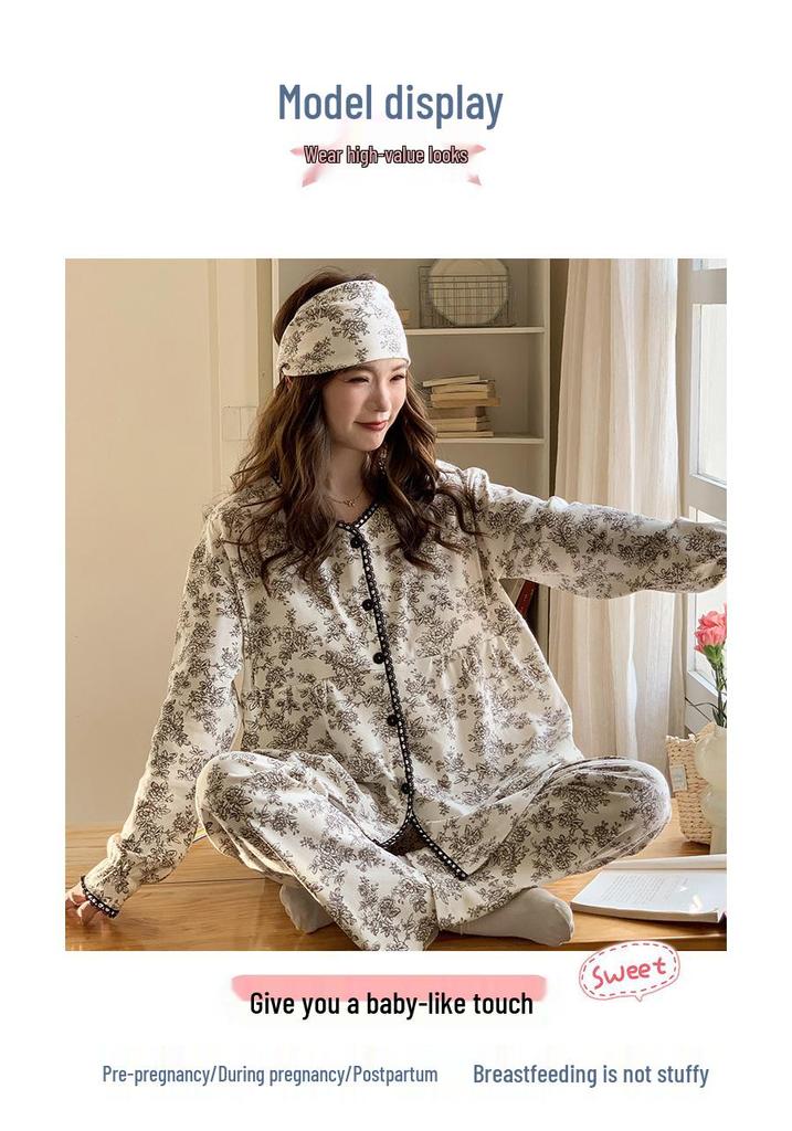 Maternity Pajamas with Built-In Pads for Summer, Postpartum Recovery, Breastfeeding, and Confinement, Suitable for Spring and Autumn.