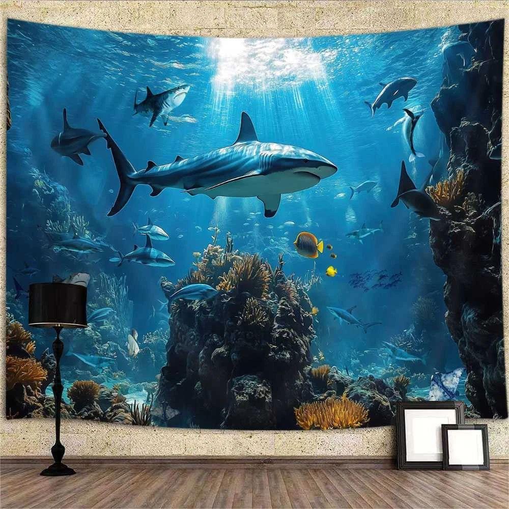 

Tapestry backdrop for wall art featuring shark in aquarium 75x100 чорний