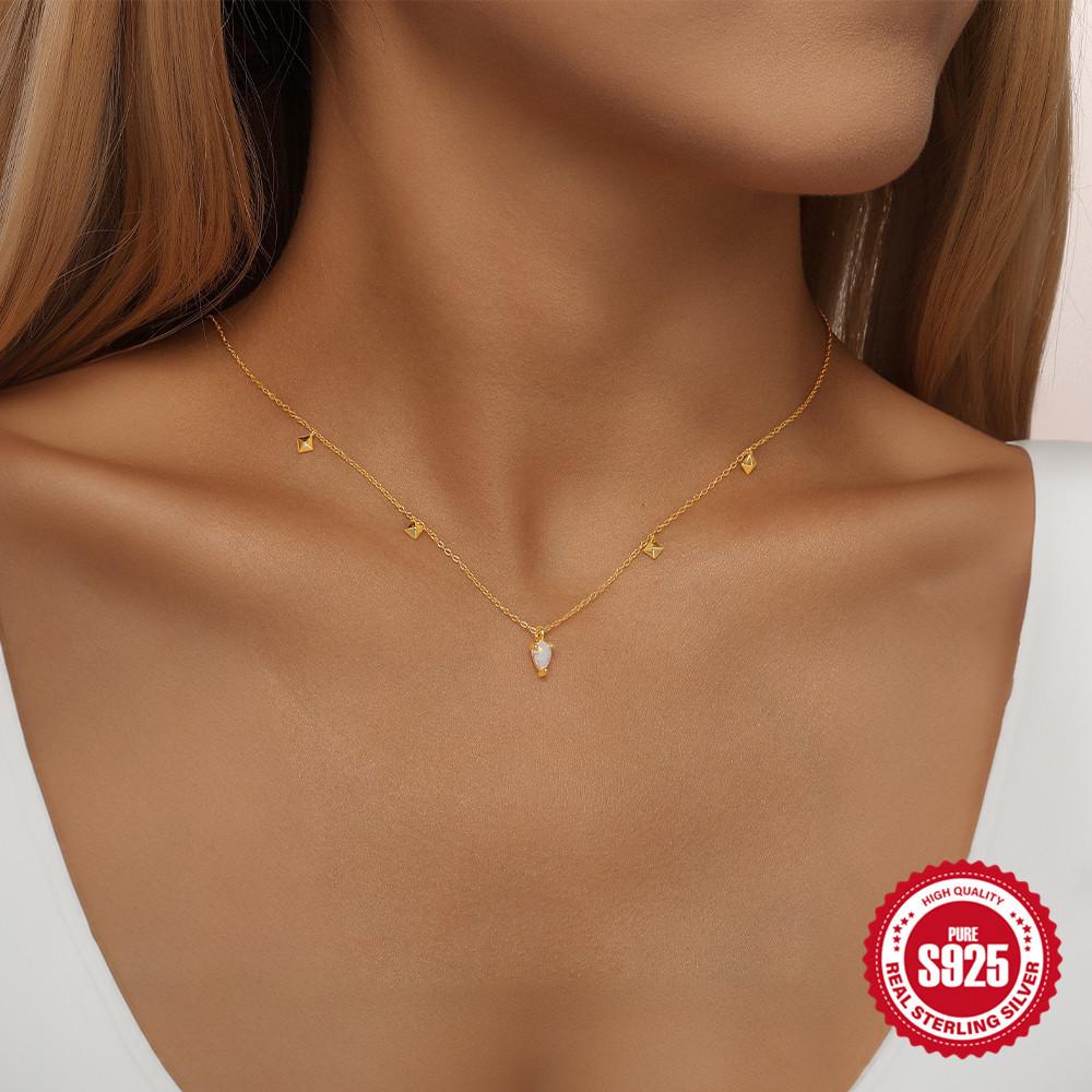 Stylish And Simple Ins Style S925 Sterling Silver Stacked Wearing Tetragonal Star Opal Diamond Encrusted Women'S Daily Necklace