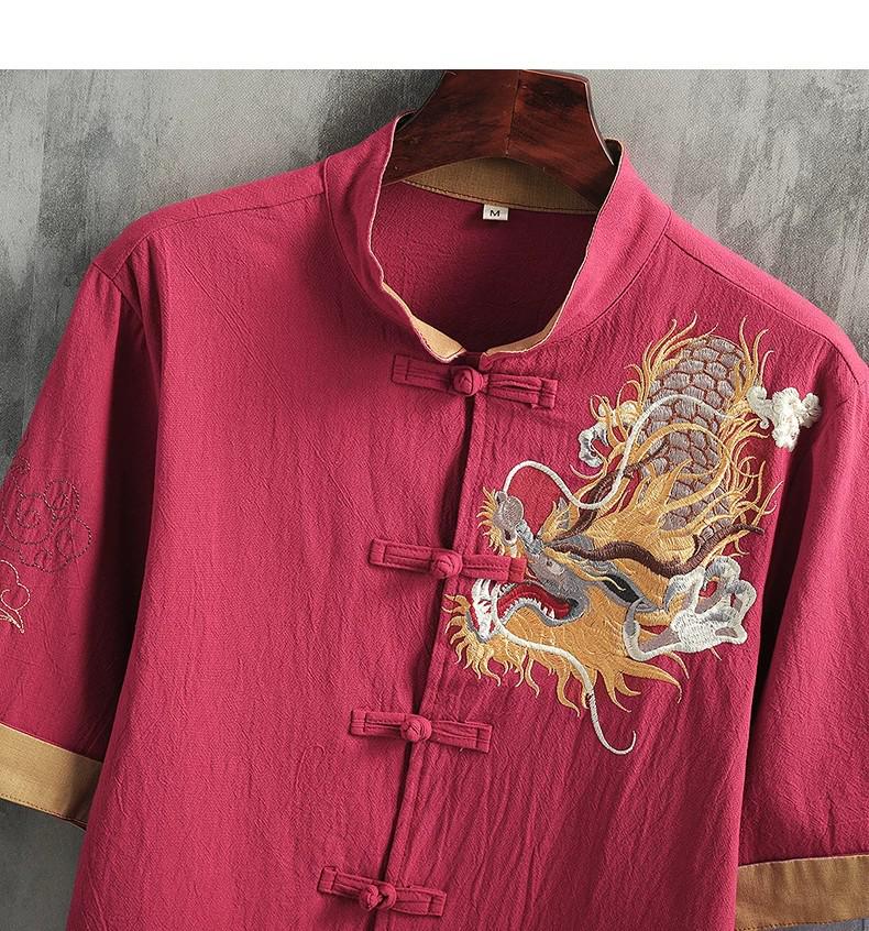 Men's Summer Embroidered Dragon Cotton Linen Shirt - Zen Style Tang Suit