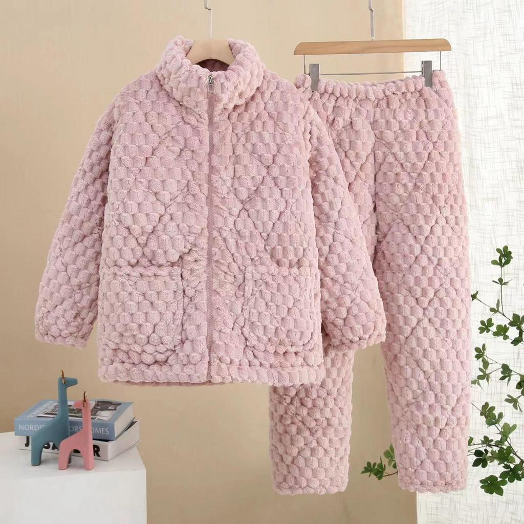 Three-Layer Fleece-Lined Quilted Winter Pajama Set for Elderly Women - Warm Coral Fleece Home Wear & Outerwear