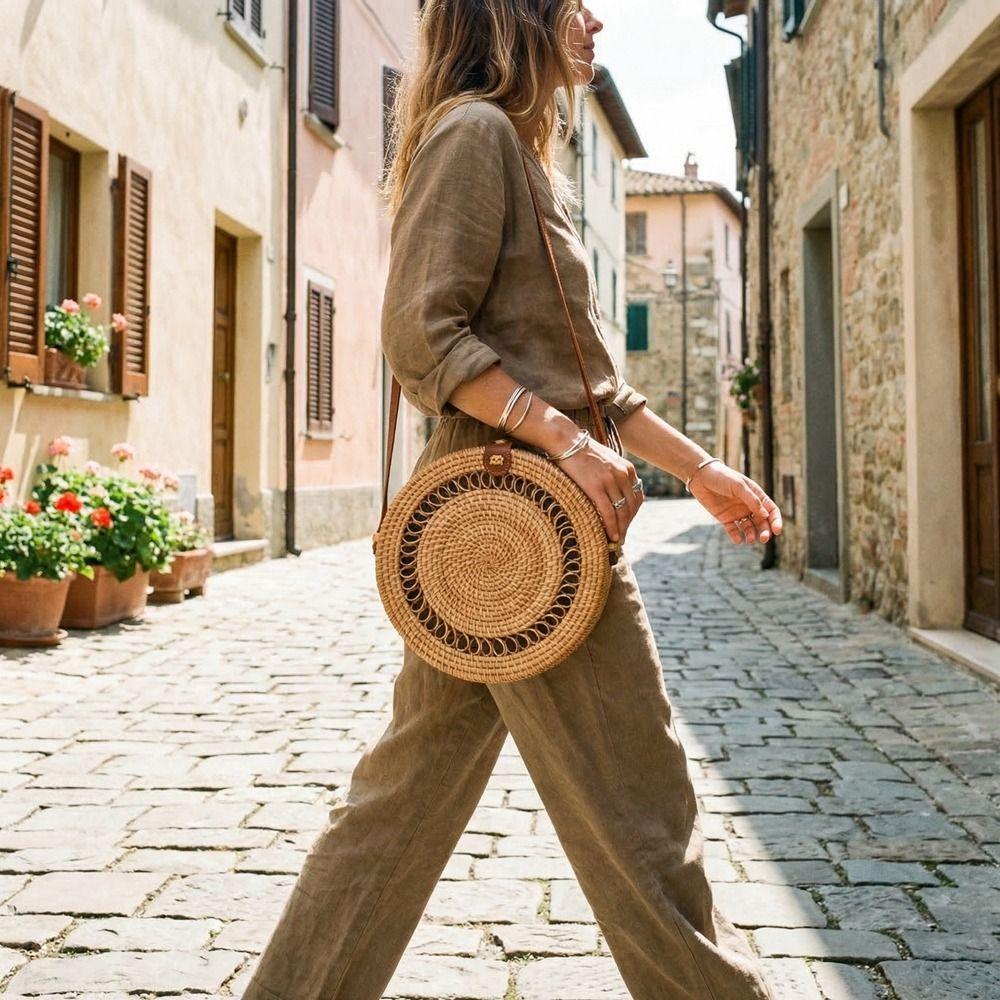 Etnický styl Proutěná taška Bohemská kulatá crossbody taška Ležérní slaměná taška přes rameno Nákupní
