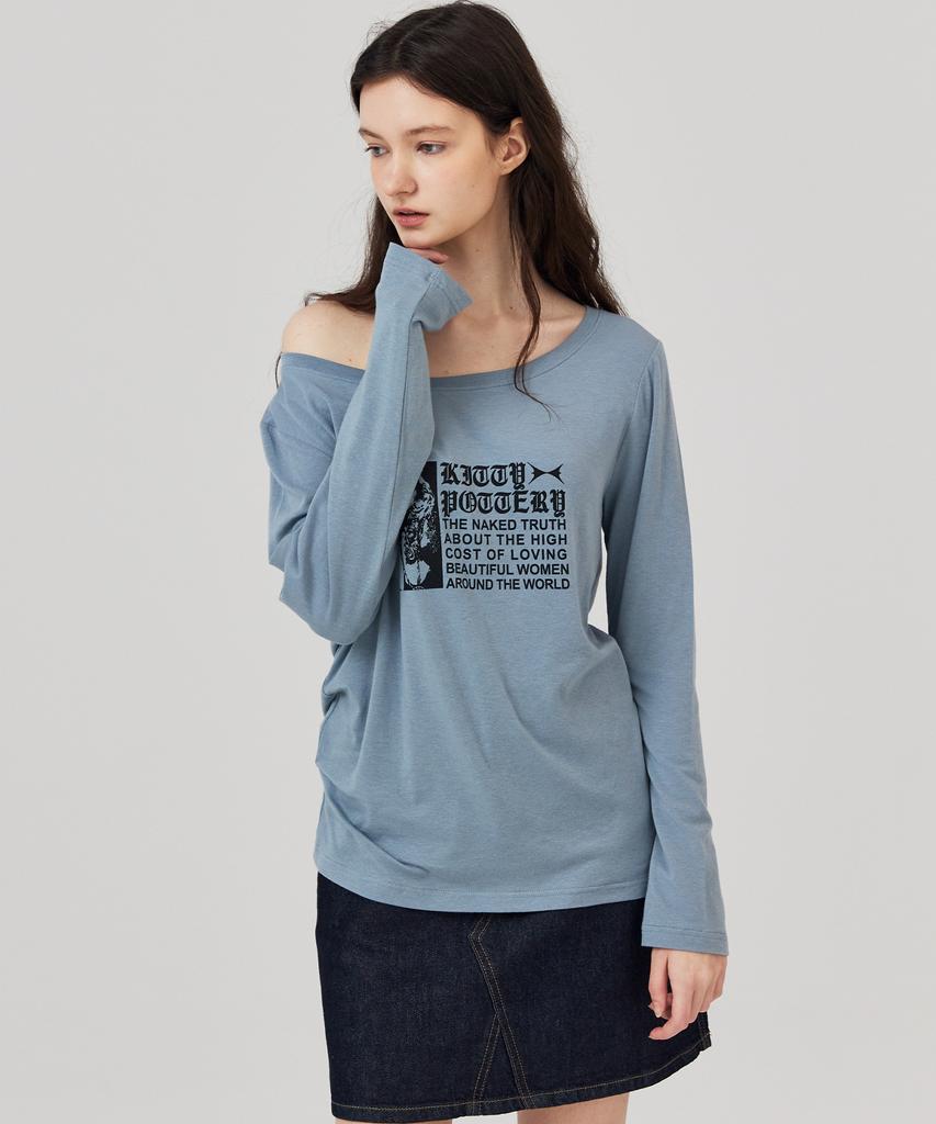 KITTY POTTERY Boat Neck Glam Graphic Long Sleeve T-Shirt Charcoal