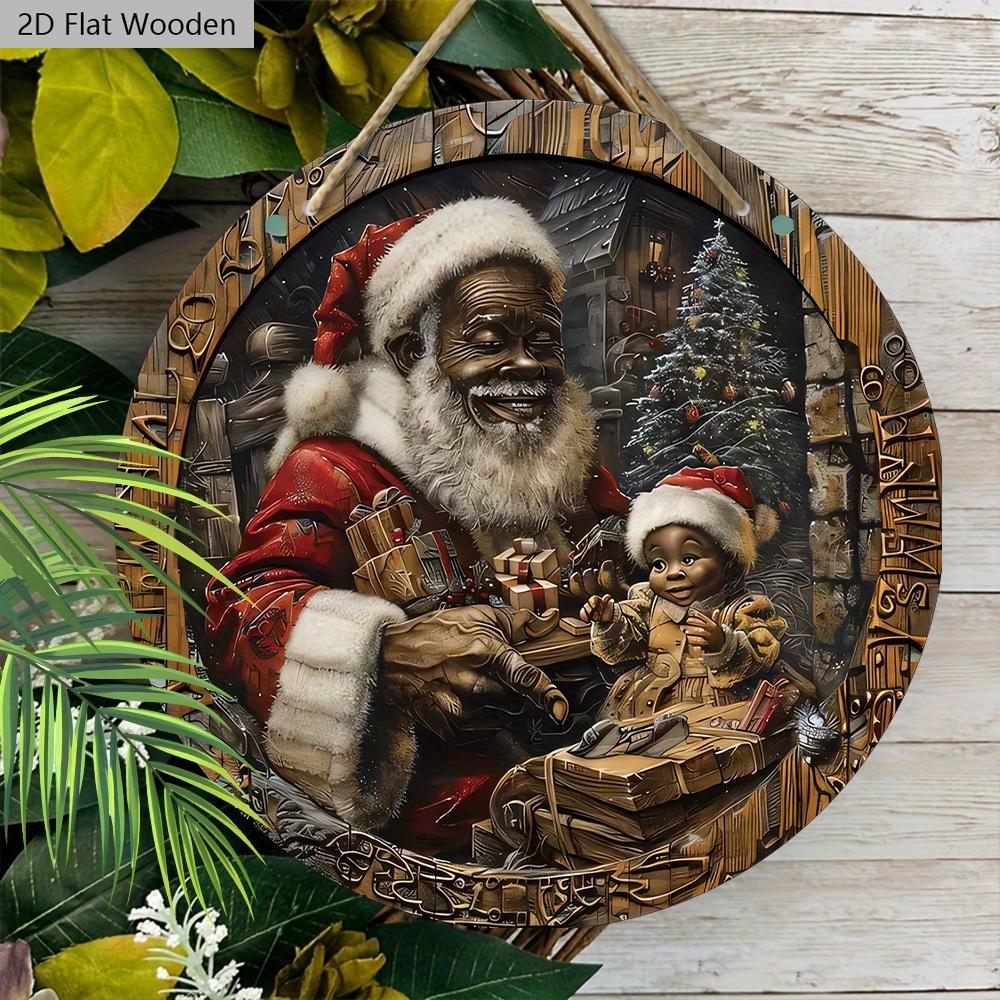 Schwarzer Weihnachtsmann Holzweihnachtsschild - Navidad Rundes Schild für Hof, Tür, Wandbehangdeko - Ideale Weihnachtsdekoration