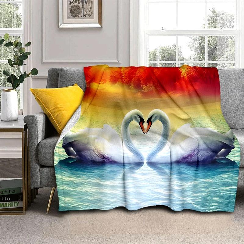 Romantic Swan Themed Blanket Couple Soft Flannel Blanket Holiday Gifts Air Travel Blanket