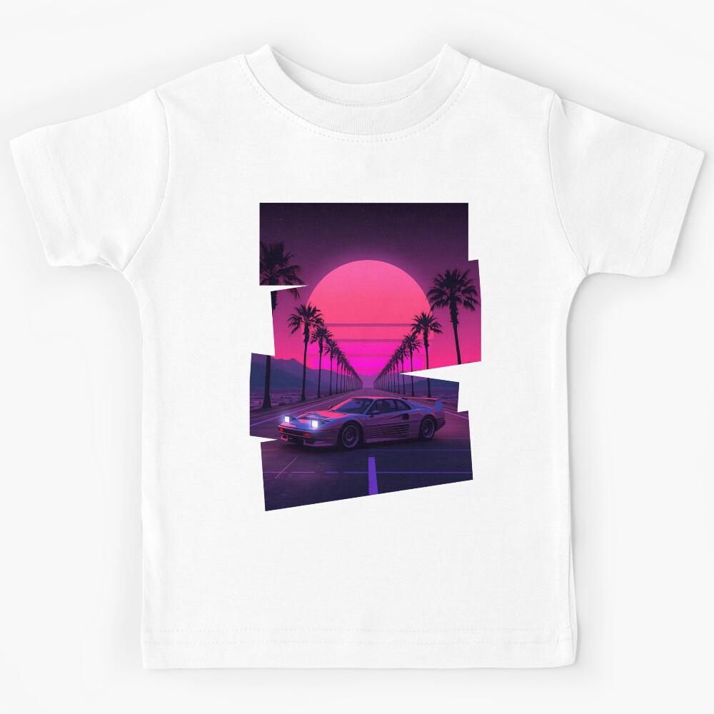 Ferrar F40 80s retro-futuristic landscape with palm trees and a sports car neon colors 10 Kids T-Shirt 160