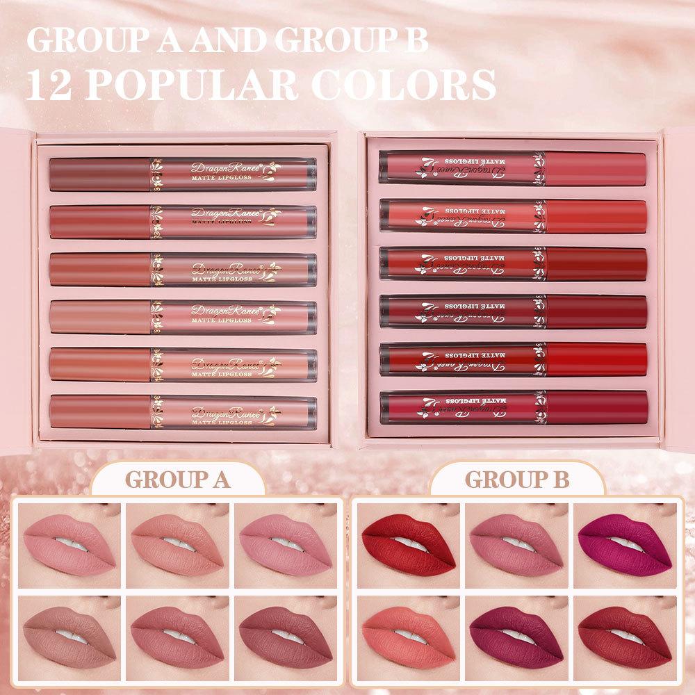 Set aus sechs Lipglosses, Matter Nebel-Lipgloss, Wasserdicht, Nicht abfärbend, Nicht klebriger Tassen-Lipgloss, Lippenstift, Feiertagsgeschenk-Lipgloss-Set