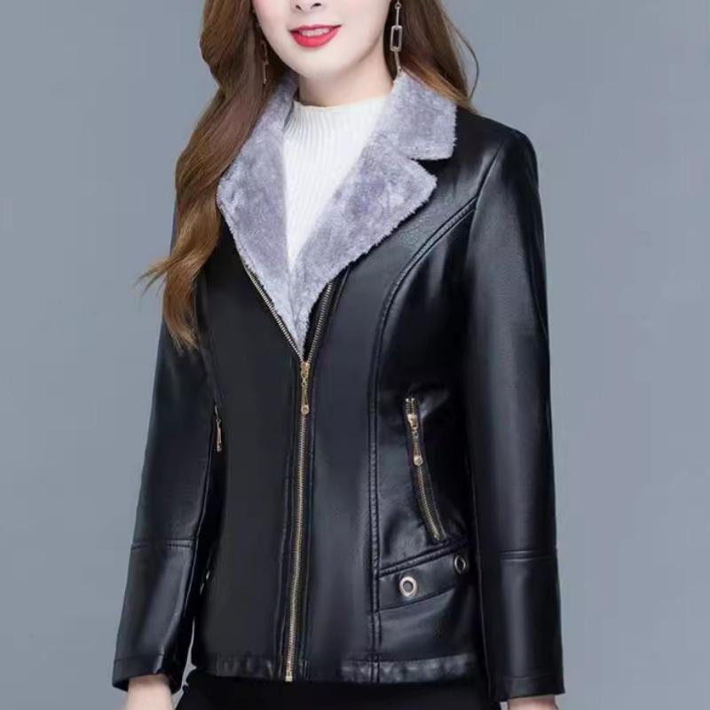 Women S Short Fleece Lined Suit Collar Leather Jacket Winter Casual Coat