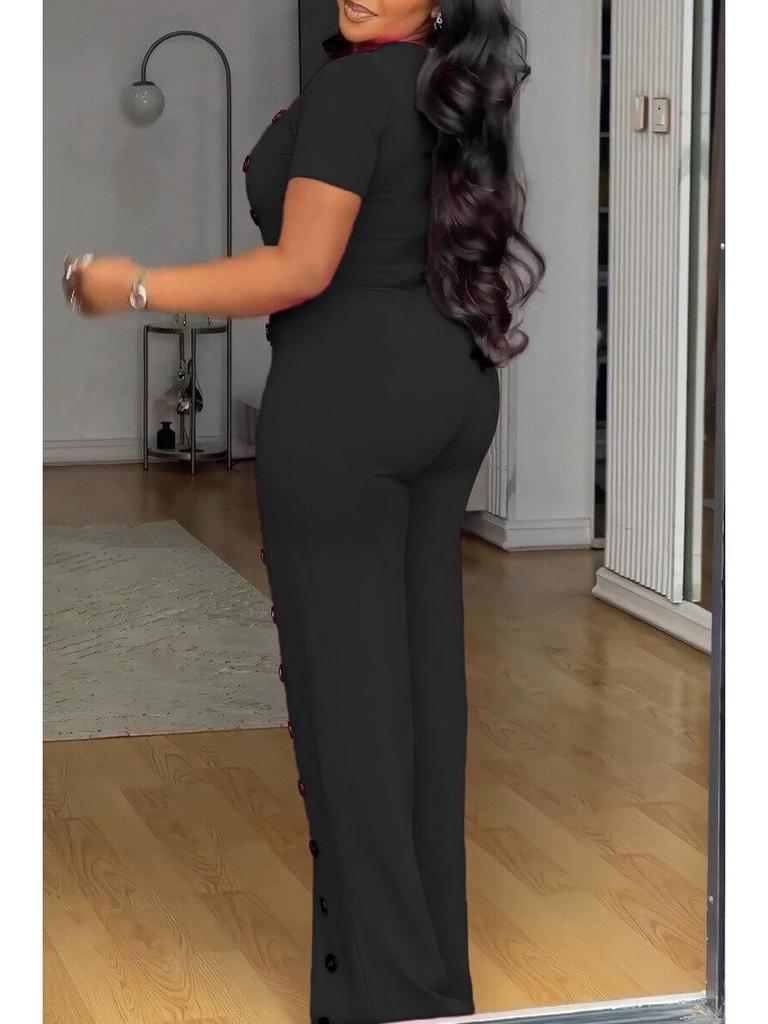 Irregular Neckline Waist-Gathering Wide-Leg Jumpsuit