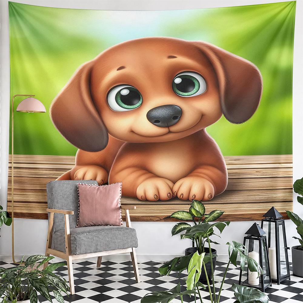 Cute Cartoon Puppy with Green Eyes Pattern Wall Hanging Tapestry Decorative Tapestry Home Decor for Bedroom and Living Room