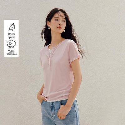 INMAN Women's Faux Two-Piece Wool Blend Henley T-Shirt