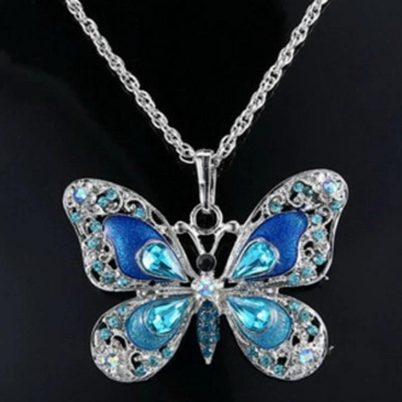 Vintage Enamel Butterfly Pendant Necklace Crystal Rhinestone Colorful Jewelry for Women