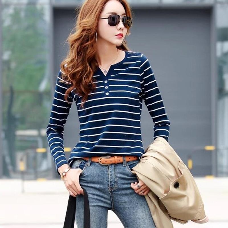 

Хлопковая женская футболка с v-образным вырезом, полосатая футболка с длинными рукавами, весна-осень 2023, женская одежда, модный топ, футболка, женские топы 7215 XL синий