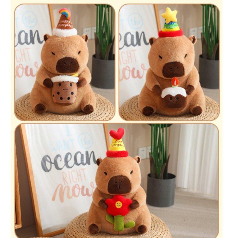 Happy Capybara Birthday Plush Toy Doll Pillow Milk Tea Cake Decoration Flower