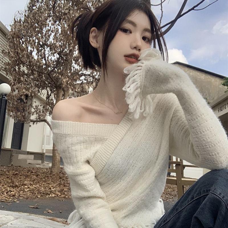 Pulovr s nepravidelnými střapci Podzimní Elegantní žena Jedinečný design Tenký svetr s dlouhým rukávem Trendy Street Jednobarevný Top