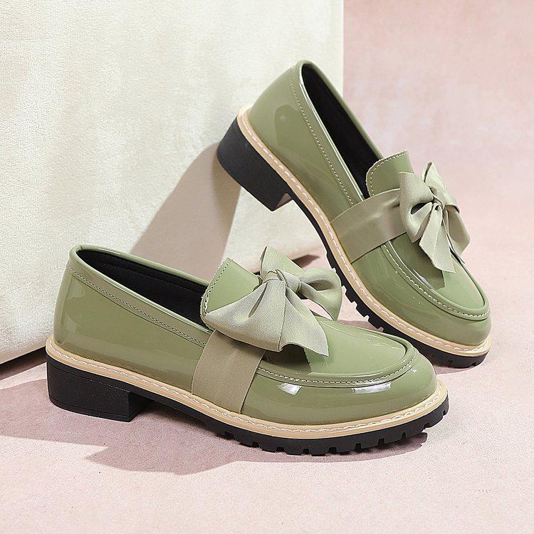 Damen Übergröße Britischer Stil Lackleder Loafers Neue Herbst Schleife Mittelhoch Blockabsatz Schuhe